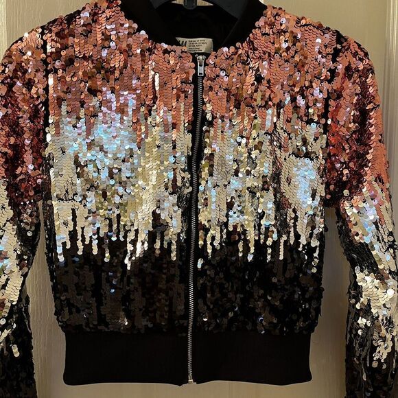 H&M Girls Ombre Black Silver Pink Sequin Bomber Jacket Size 10-11 years - Picture 3 of 15